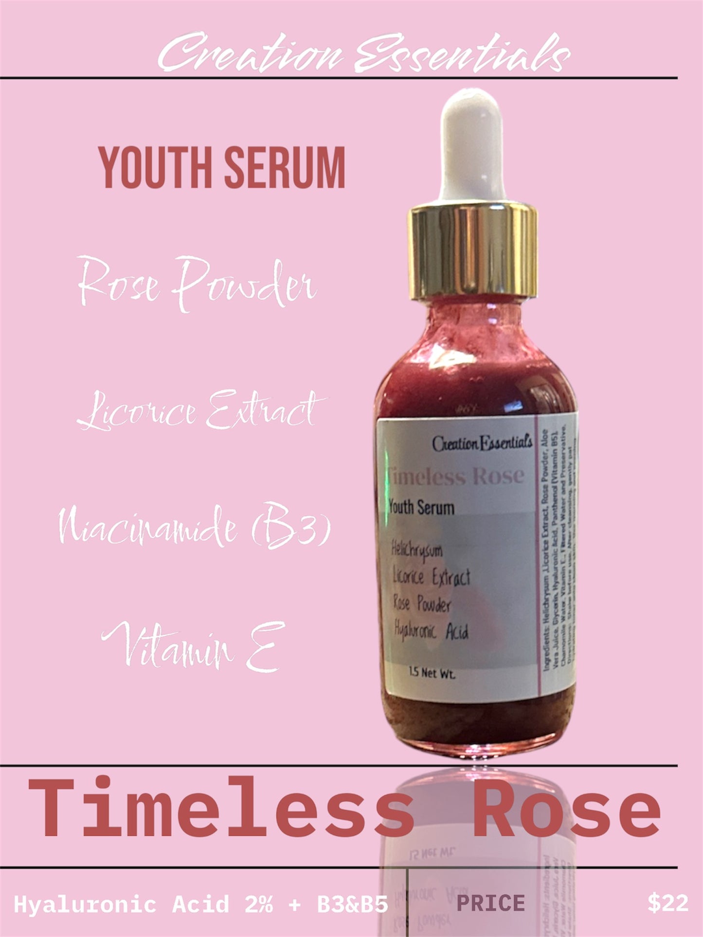 Timeless Rose Face Serum - Youth Serum with Rose Powder, Hyaluronic Acid, Licorice Extract