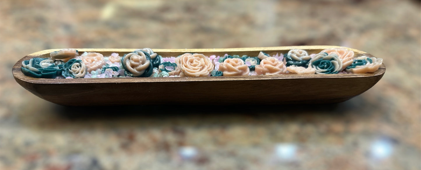 3 Wick Wooden Luxury Dough Bowl Green & Pink Flower Handmade Candle