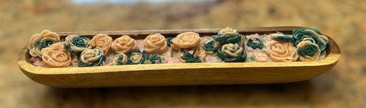 3 Wick Wooden Luxury Dough Bowl Green & Pink Flower Candle