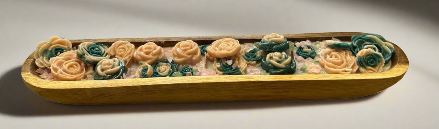 3 Wick Wooden Luxury Dough Bowl Green & Pink Flower Handmade Candle