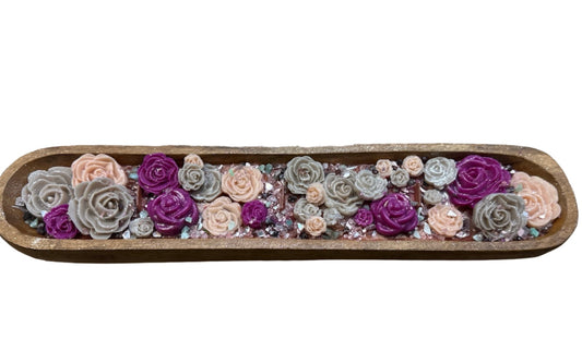 3 Wick Wooden Luxury Dough Bowl Pink Flower Handmade Candle