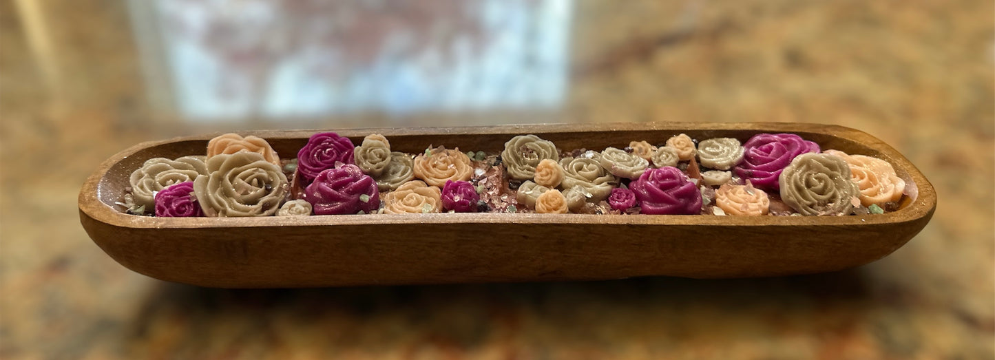 3 Wick Wooden Luxury Dough Bowl Pink Flower Handmade Candle