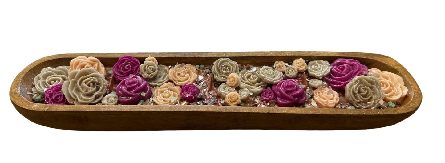 3 Wick Wooden Luxury Dough Bowl Pink Flower Handmade Candle