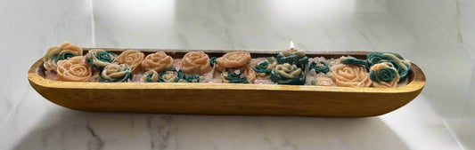 3 Wick Wooden Luxury Dough Bowl Green & Pink Flower Handmade Candle