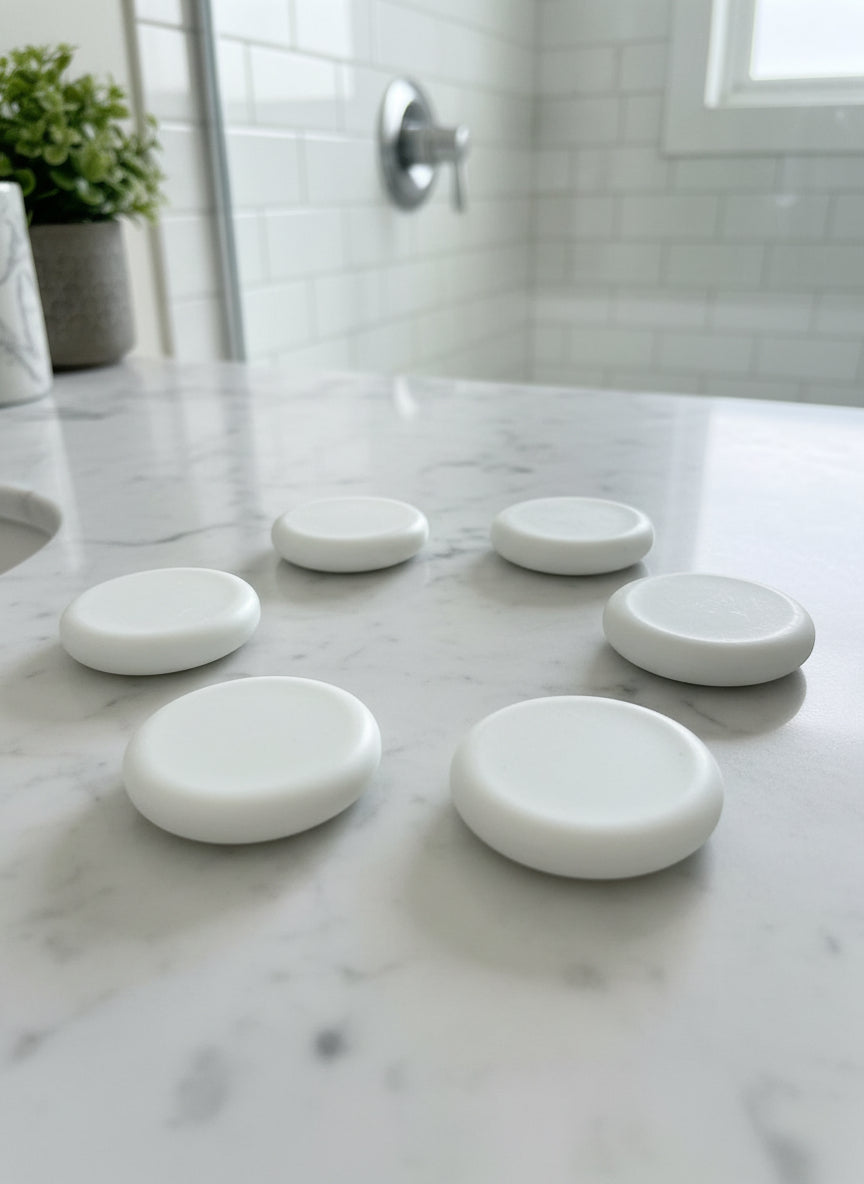 Green rounf soap bar on the counter 
