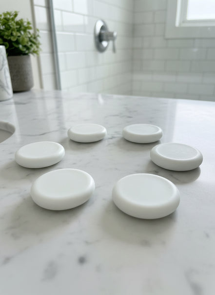 Green rounf soap bar on the counter 
