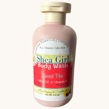 Creation Essential's Natural Body Shea Girl Sweet Pea Body Wash in a pink bottle with a flip-top cap.