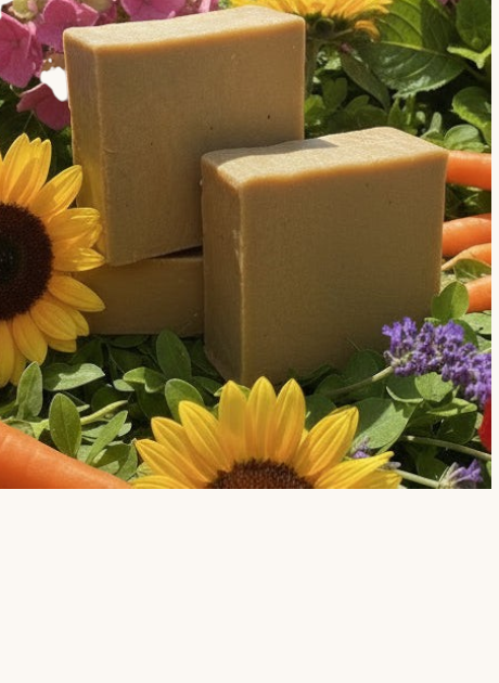 Creation Essential's Natural Body Carrot Delight bar soap nestled among fresh carrots, sunflowers, and hydrangeas.