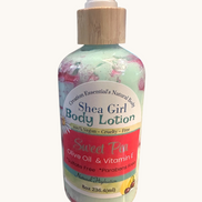 Creation Essential's Natural Body Shea Girl Sweet Pea body lotion in a pump bottle with mint green and pink swirls.