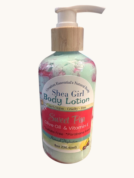Creation Essential's Natural Body Shea Girl Sweet Pea body lotion in a pump bottle with mint green and pink swirls.