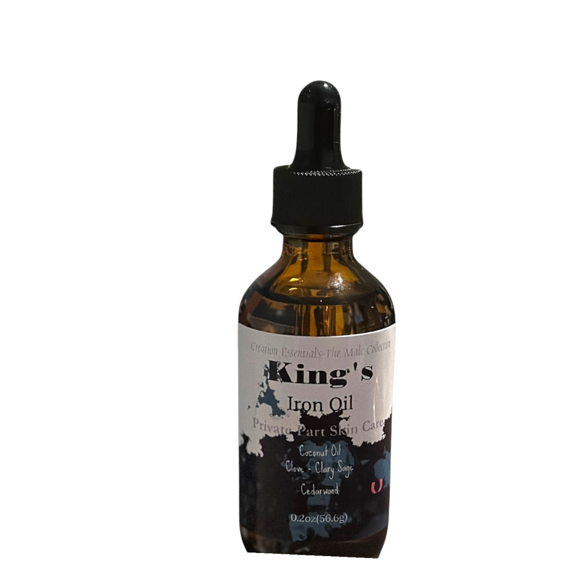 Creation Essential's Natural Body King's Iron Oil in an amber glass dropper bottle for men's private skin care