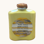 Creation Essential's Natural Body Woodland Sandalwood nourishing men's body lotion in a yellow 8oz bottle