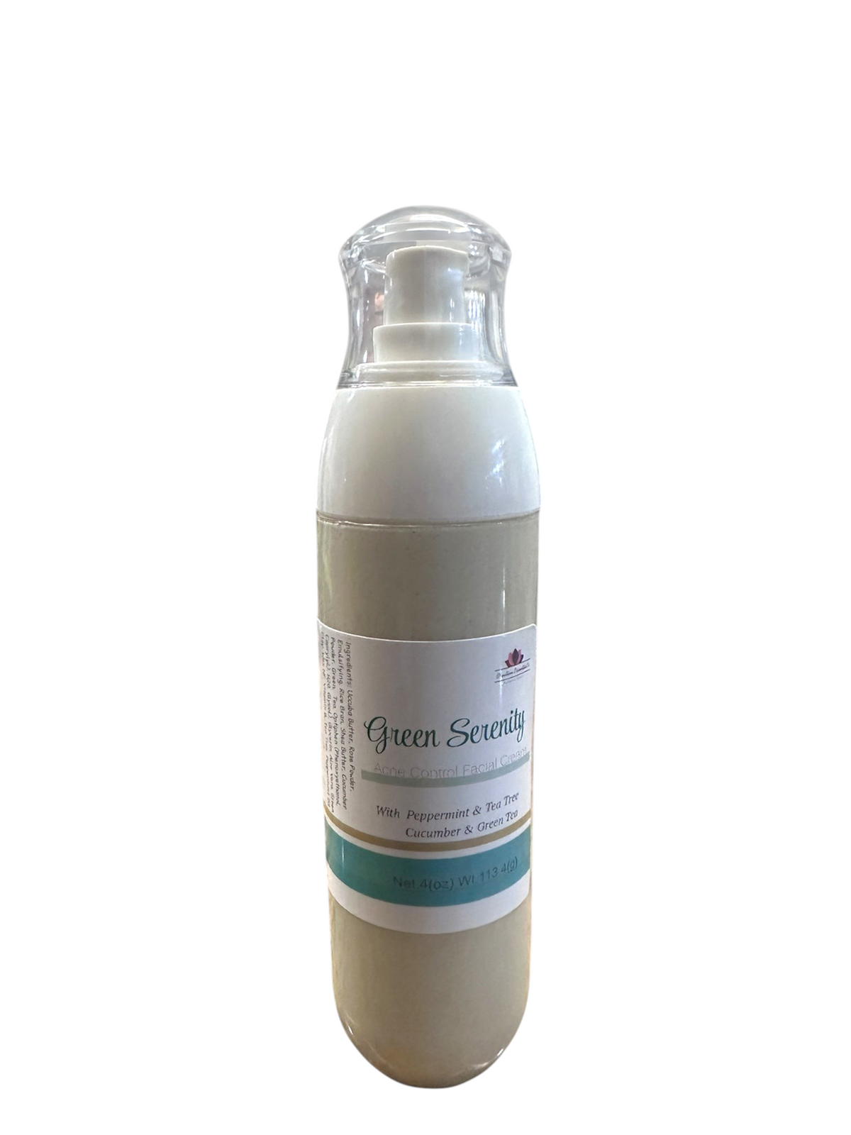 Creation Essential's Natural Body Green Serenity facial cream in a pump bottle with green tea and cucumber extracts