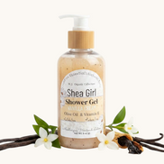 Shea Girl Shower Gel bottle on a wooden surface with a white background