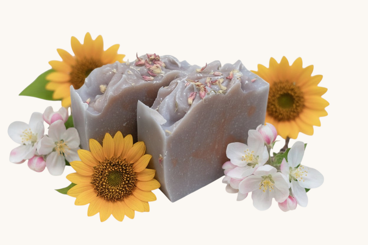 Creation Essential's Natural Body Honey Harvest soap bar topped with dried flowers, surrounded by sunflowers and apple blossoms.