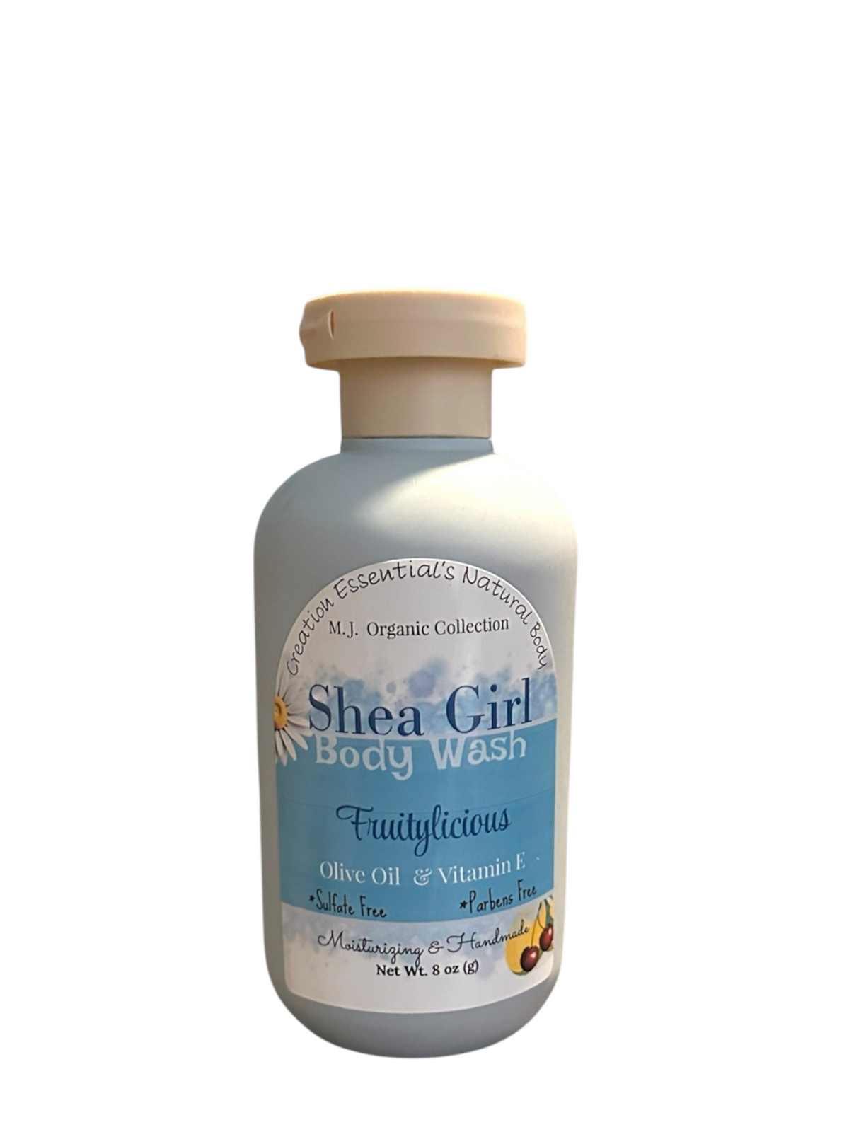 Creation Essential's Natural Body Shea Girl Fruitylicious body wash in a light blue bottle on a wooden tray