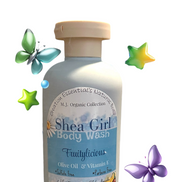 Creation Essential's Natural Body Shea Girl Fruitylicious body wash bottle with orange and butterfly graphics