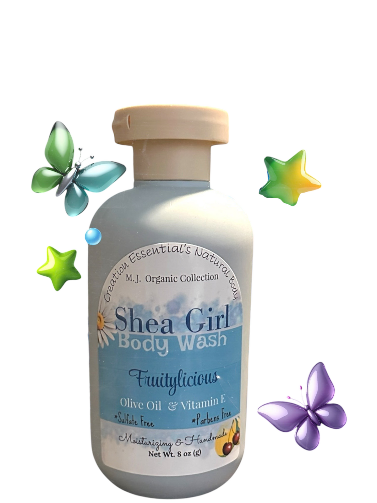 Creation Essential's Natural Body Shea Girl Fruitylicious body wash bottle with orange and butterfly graphics