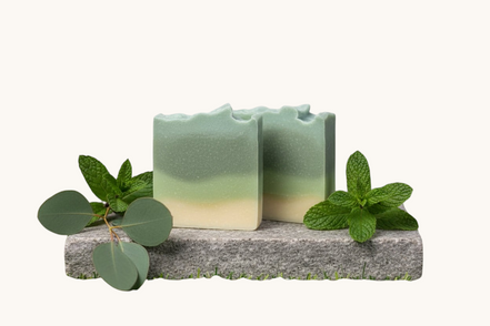Creation Essential's Natural Body eucalyptus and spearmint bar soap on a stone slab with fresh mint and eucalyptus