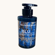 Creation Essential's Natural Body BLU organic masculine body wash in a 12oz pump bottle on a wooden surface