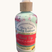 Creation Essential's Natural Body Shea Girl Sweet Pea body lotion in a pump bottle with a marbled mint and pink cream.
