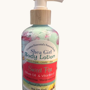 Creation Essential's Natural Body Shea Girl Sweet Pea body lotion in a pump bottle with a wooden cap