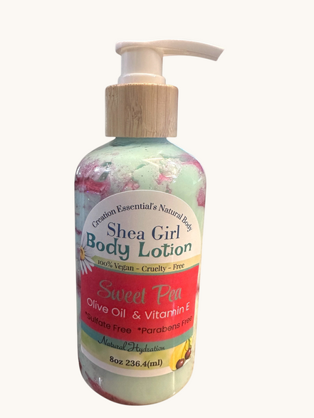 Creation Essential's Natural Body Shea Girl Sweet Pea body lotion in a pump bottle with a wooden cap