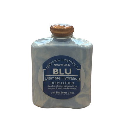 Creation Essential's Natural Body BLU hydrating body lotion with shea butter and aloe in a blue marbled bottle