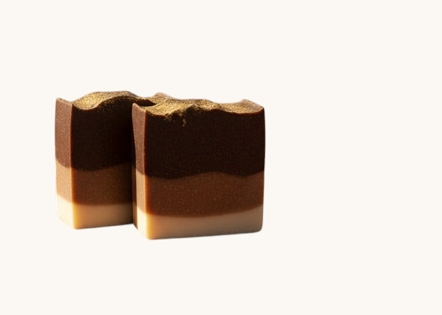 Creation Essential's Natural Body Frankincense & Myrrh honey bar soap with three-toned layers and gold mica dusting.