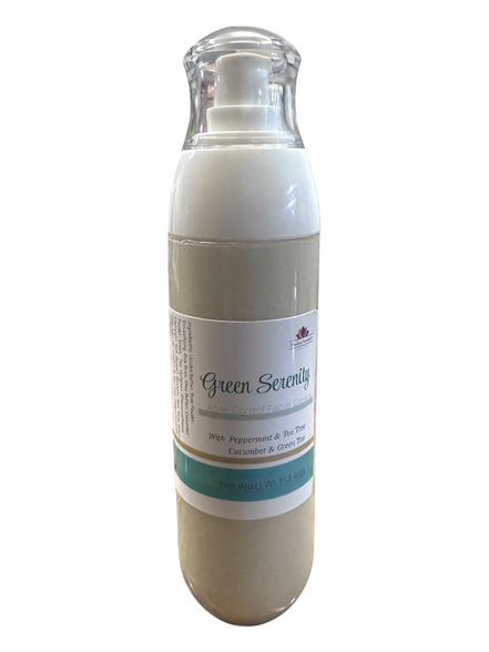 Creation Essential's Natural Body Green Serenity facial cream in a pump bottle with green tea and cucumber extracts.