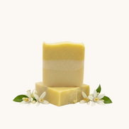 Creation Essential's Natural Body citrus bar soap with raw honey and aloe vera, decorated with fresh citrus blossoms.