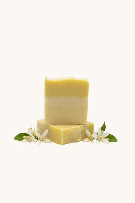 Creation Essential's Natural Body citrus bar soap with raw honey and aloe vera, decorated with fresh citrus blossoms.
