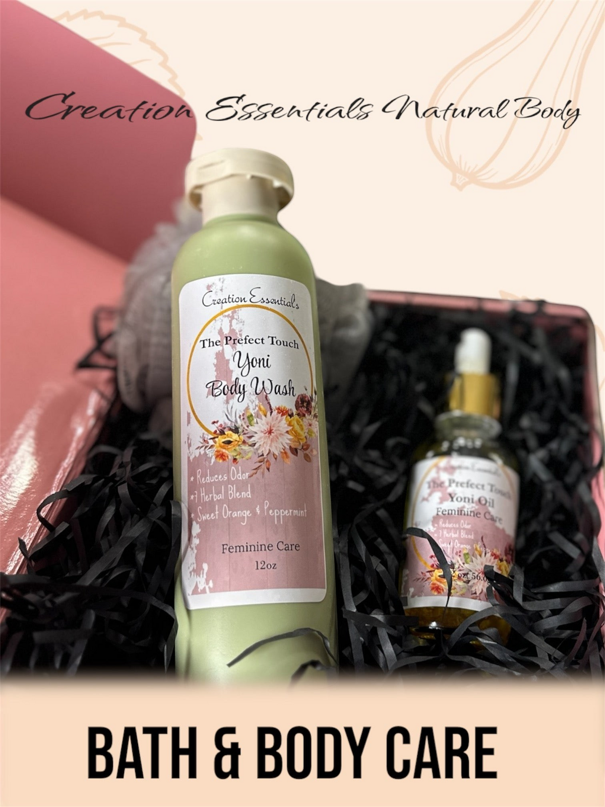 Creation Essential's Natural Body yoni care bundle featuring a green body wash bottle and a dropper bottle of body oil.