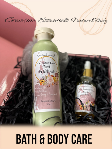 Creation Essential's Natural Body yoni care bundle featuring a green body wash bottle and a dropper bottle of body oil.