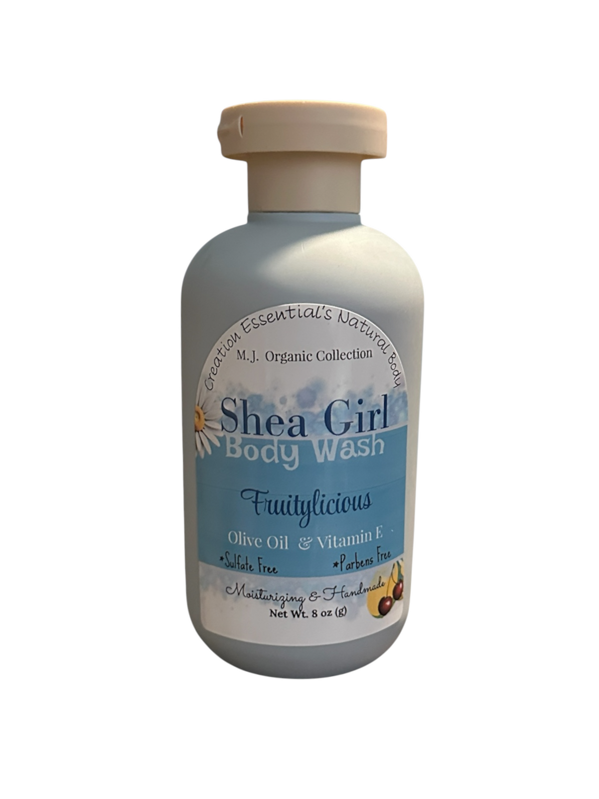 Creation Essential's Natural Body Shea Girl Fruitylicious body wash in an 8 oz bottle with a beige cap.