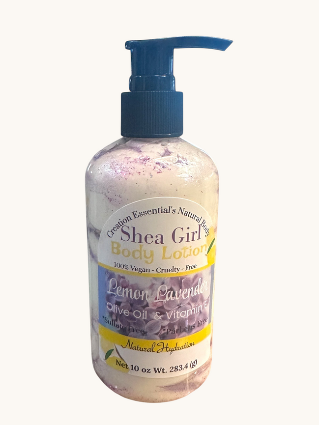 Creation Essential's Natural Body Shea Girl Lemon Lavender body lotion in a pump bottle with a floral label.