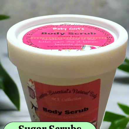 Container of body scrub with a pink label on a blurred green background