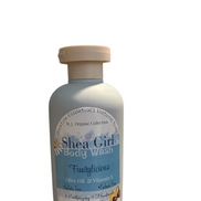 Creation Essential's Natural Body Shea Girl Fruitylicious body wash in an 8 oz bottle on a white pedestal.