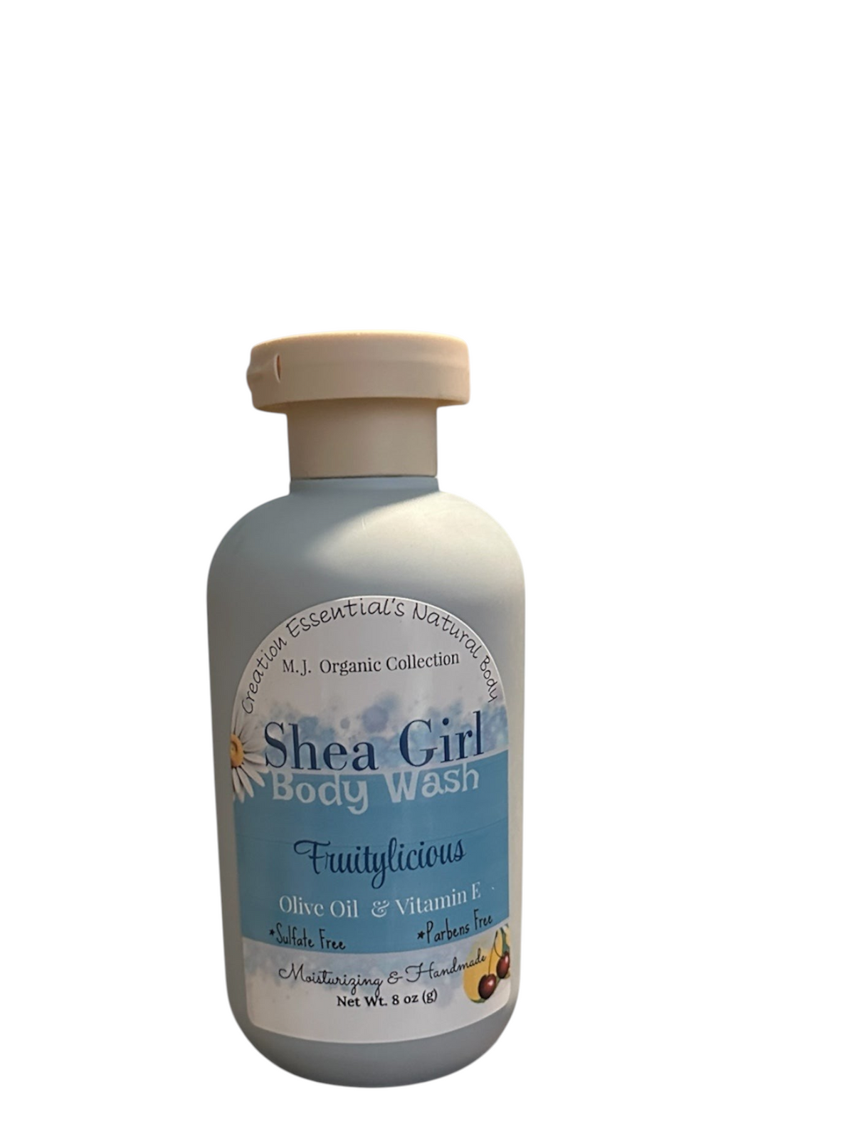 Creation Essential's Natural Body Shea Girl Fruitylicious body wash in an 8 oz bottle on a white pedestal.
