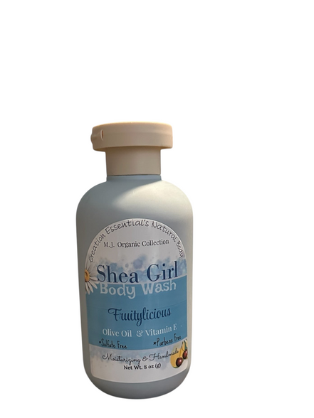 Creation Essential's Natural Body Shea Girl Fruitylicious body wash in an 8 oz bottle on a white pedestal.
