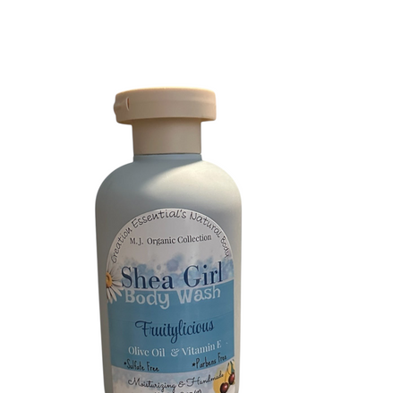 Creation Essential's Natural Body Shea Girl Fruitylicious body wash in an 8 oz bottle on a white pedestal.