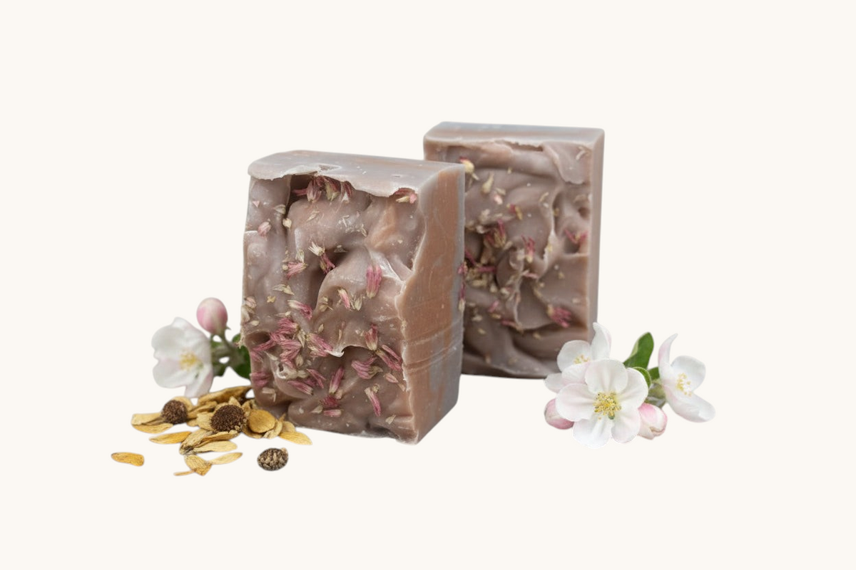 Creation Essential's Natural Body Honey Harvest soap bars topped with dried flowers and apple blossoms