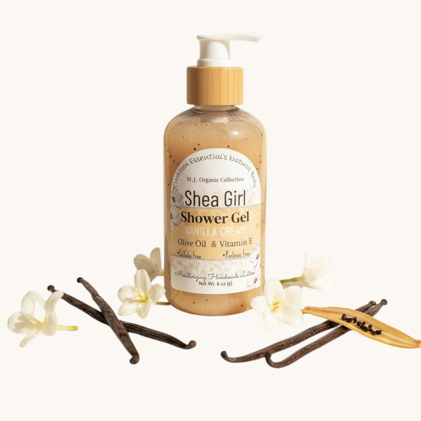 Shea Girl Shower Gel bottle with vanilla beans and flowers on a light background