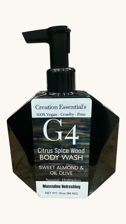 Creation Essential's Natural Body G4 body wash in a black geometric pump bottle with citrus spice wood fragrance