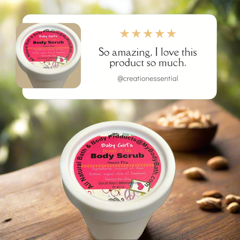 Body scrub container with pink label on a wooden surface, surrounded by nuts.