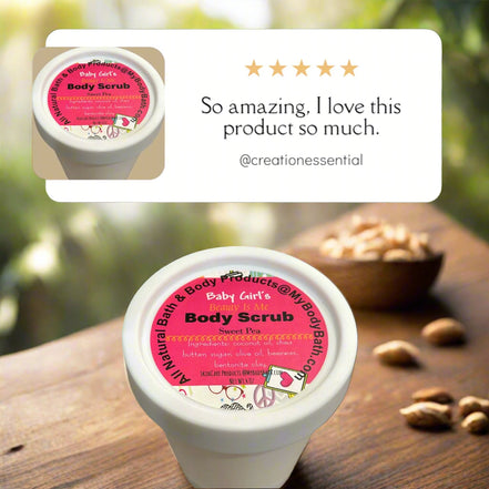 Body scrub container with pink label on a wooden surface, surrounded by nuts.