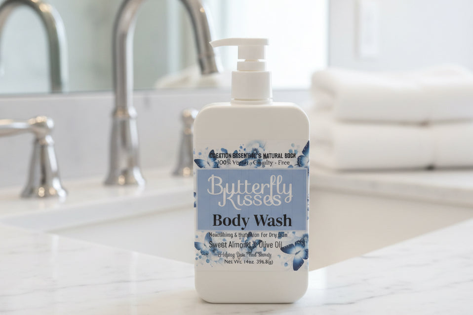 Butterfly Kisses body wash bottle on a bathroom counter
