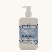 Butterfly Kisses body wash bottle on a bathroom counter
