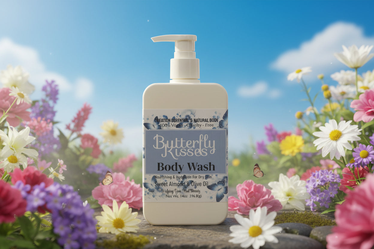 Butterfly Kisses body wash bottle on a white background