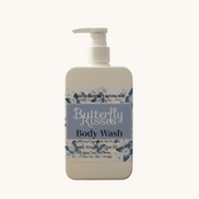 Butterfly Kisses body wash bottle on a white background